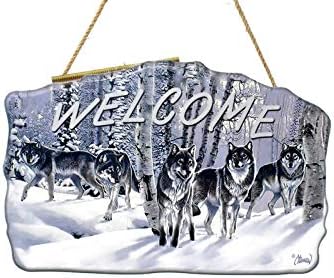 New 12" x 8" Welcome Black & White Pack of Wolves in Snow Covered Forest Covered Background Hanging Door Sign