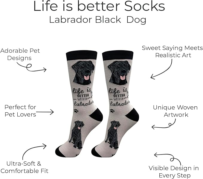 Black Labrador Dog Lovers Socks - Crazy Pet Lover - Novelty Socks Funny Gifts for Dog Lovers - Cute Dog Pattern - Casual Crew Socks - One Size Fits most
