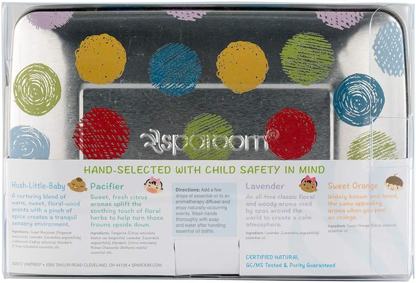 SpaRoom Happy Baby Essential Oil Gift Tin Set of 4, Lavender, Sweet Orange, Hush Little Baby and Pacifier Blend