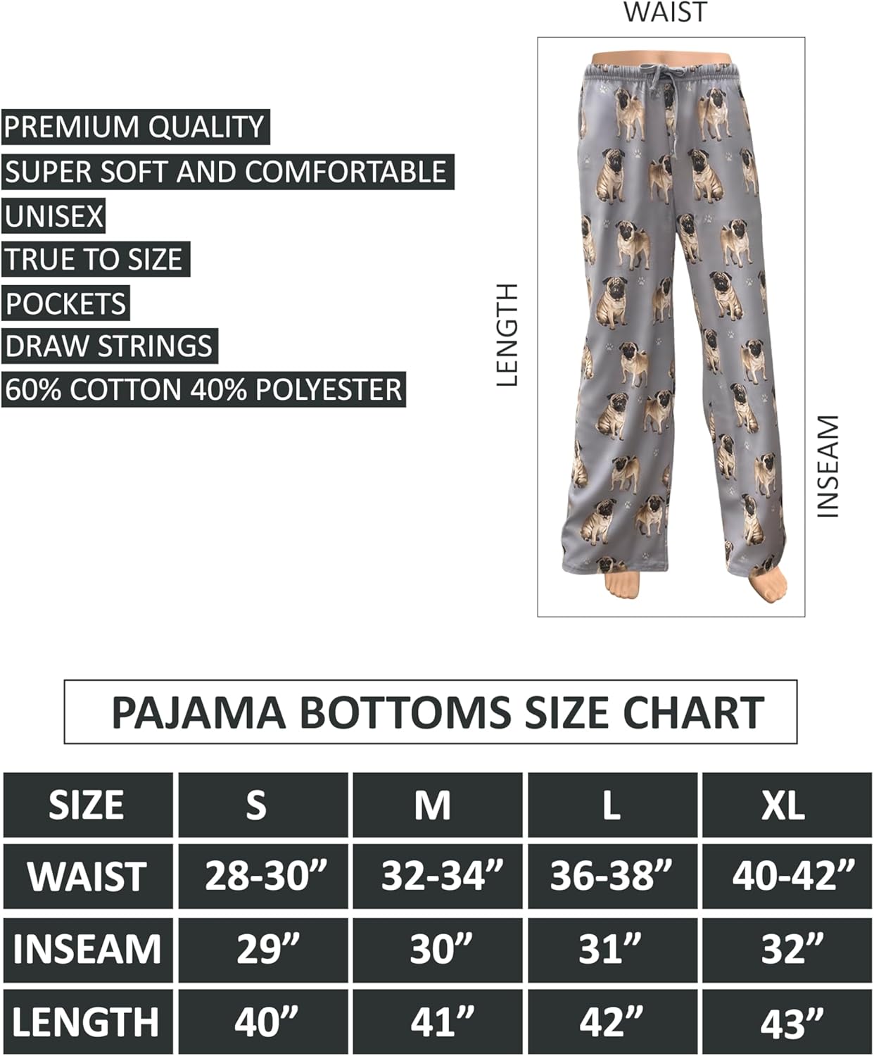 Pug Dog Lovers Unisex Lightweight Cotton Blend Pajama Bottoms – Soft and Comfortable