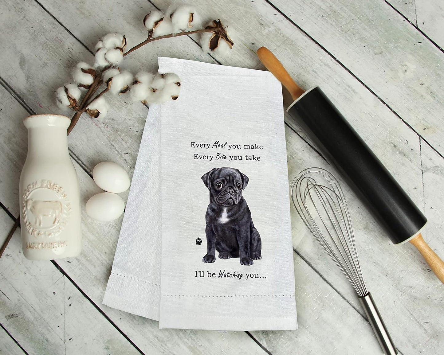 Black Pug Kitchen Towel - Soft Highly Absorbent - Black Pug Gifts - Dish&Tea Towels - Reusable - Quick Drying - 100% Natural Cotton