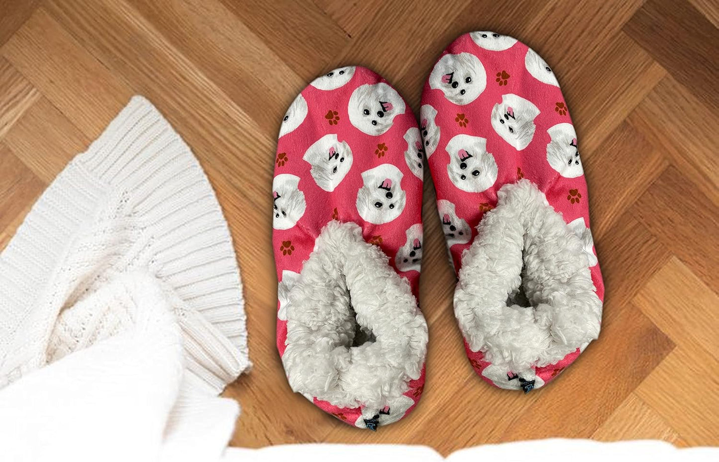 Maltese Dog Lovers Super Soft Slippers - Cozy House Slippers - Non Skid Bottom - One Size Fits Most - Sherpa slipper - Unisex Pet Lover Gifts