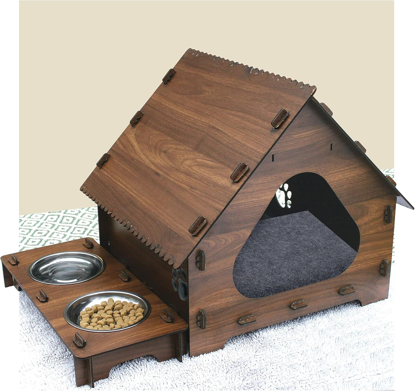 Wood Pet House and Feeder Set,Cozy and modern