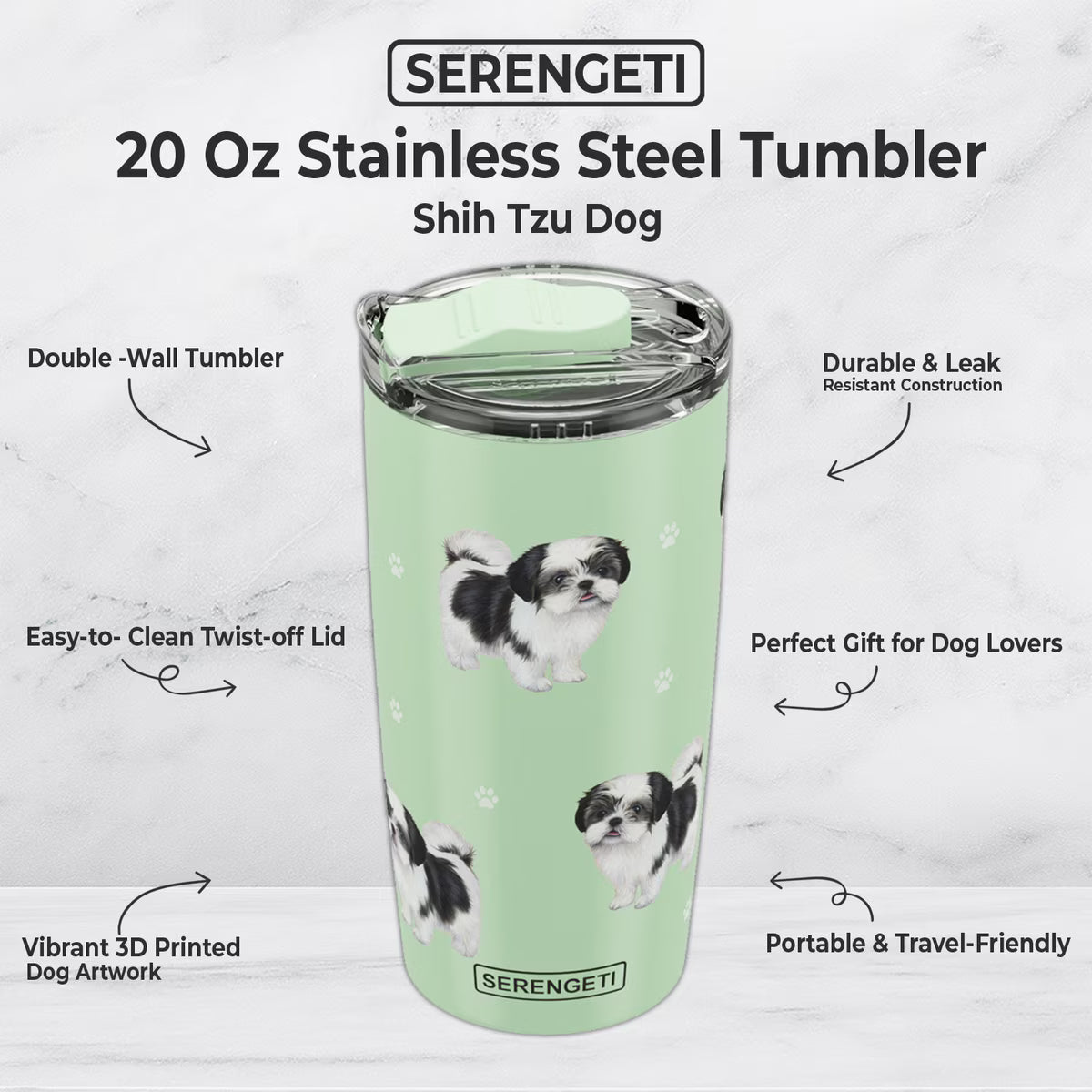 Shih Tzu Black and White Dog Lovers Tumbler - Stainless Steel, Vacuum Insulated Tumbler with Spill Proof Lid - 3D Print - Insulated Travel mug for Hot or Cold Drinks