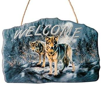 New 12" x 8" Welcome Wolves On Rocks & Full Moon Background Hanging Door Sign