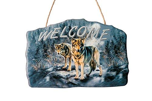 New 12" x 8" Welcome Wolves On Rocks & Full Moon Background Hanging Door Sign