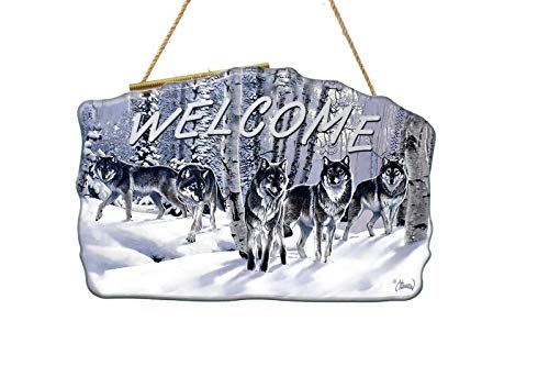 New 12" x 8" Welcome Black & White Pack of Wolves in Snow Covered Forest Covered Background Hanging Door Sign