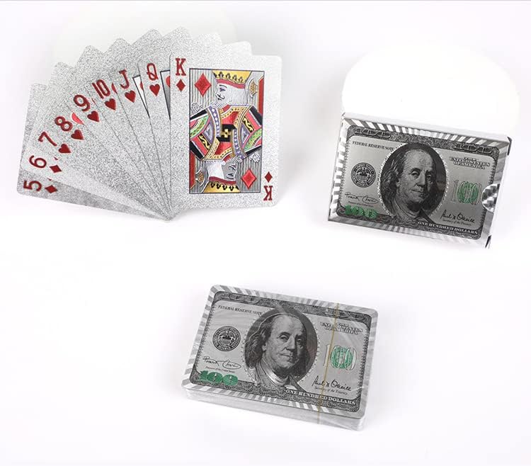 Classic Silver & Green 1 Deck of 24k Playing Cards with Dollar Pattern, Waterproof Playing Cards & Flexible Poker with Box - Classic Magic Tricks Tool for Gift Party and Game