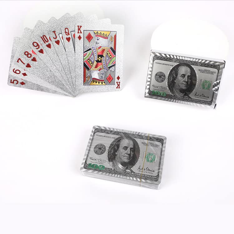 Classic Silver & Green 1 Deck of 24k Playing Cards with Dollar Pattern, Waterproof Playing Cards & Flexible Poker with Box - Classic Magic Tricks Tool for Gift Party and Game