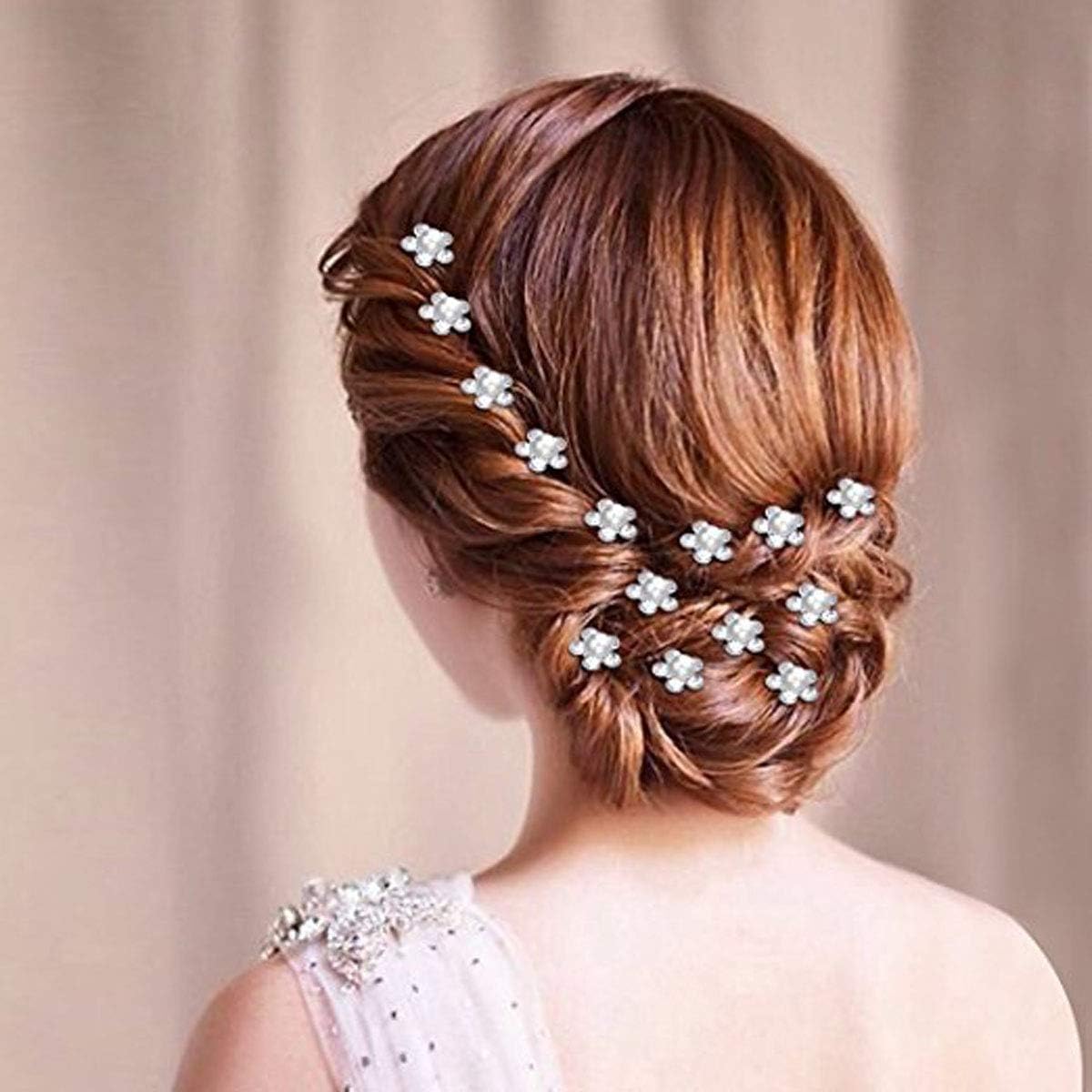 Bridal Crystal Rhinestone Pearl Flower Hair Pins - 24-Pack (Silver)