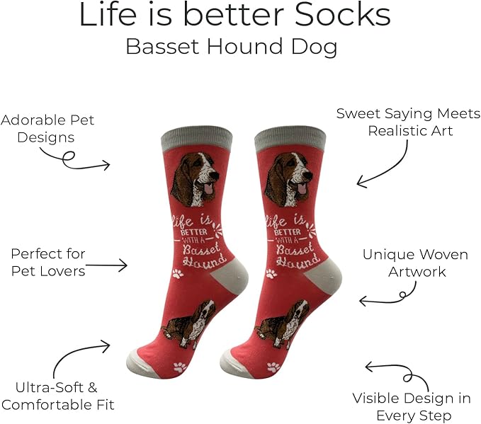 Basset Hound Dog Loves  Socks - All Season - One Size Fits Most - For Women And Men – Dog Gifts (Basset Hound)