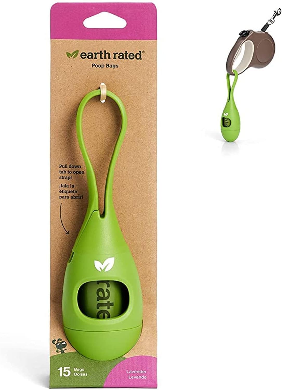 Earth Rated Dog Poop Bag Holder with Dog Poop Bags, Durable and Guaranteed Leakproof, Lavender Scented, 1 Dispenser and 15 Bags