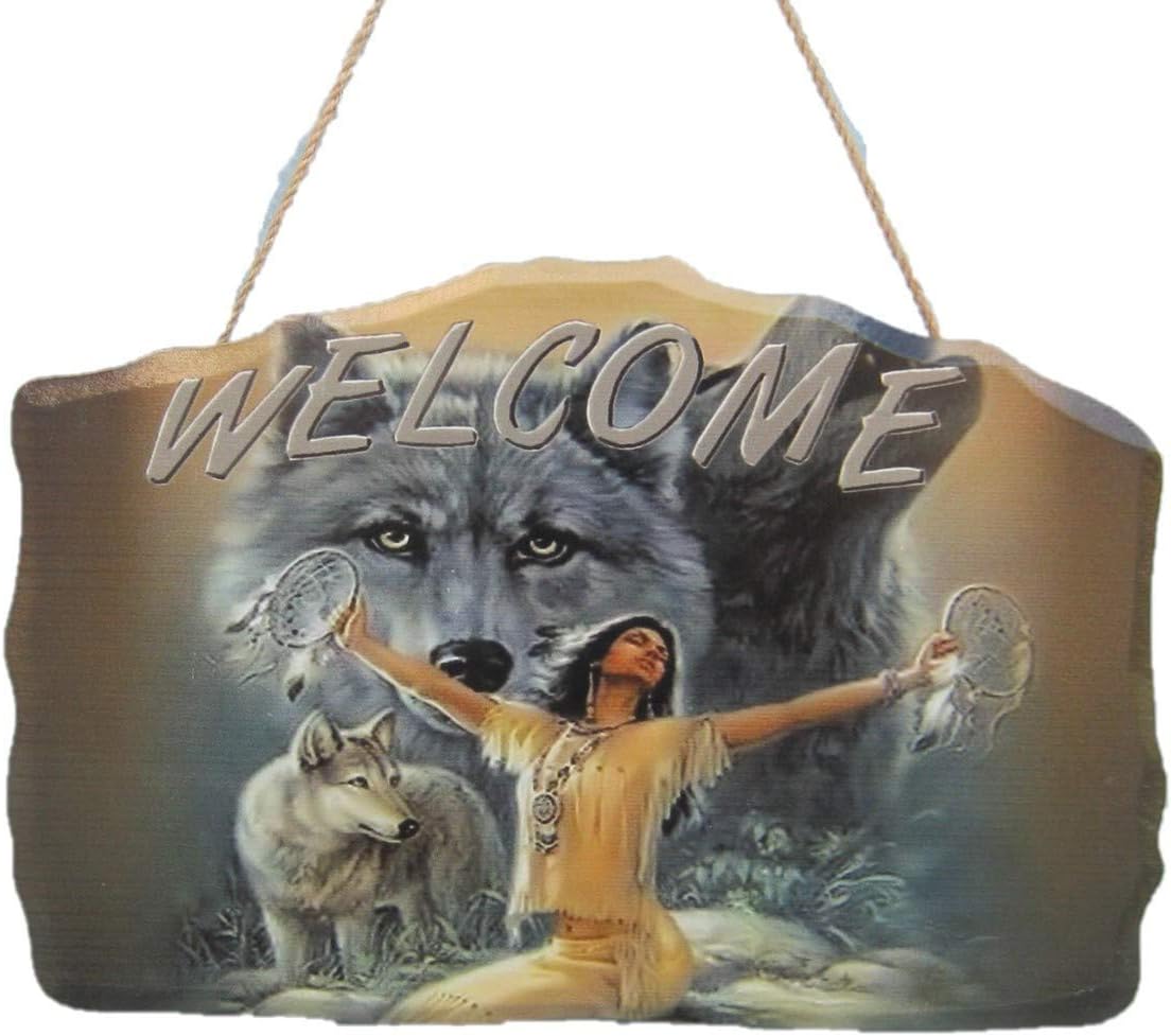 New 12" x 8" Welcome Beautiful Indian Girl Holding Dream Catchers with Wolf Background Hanging Door Sign