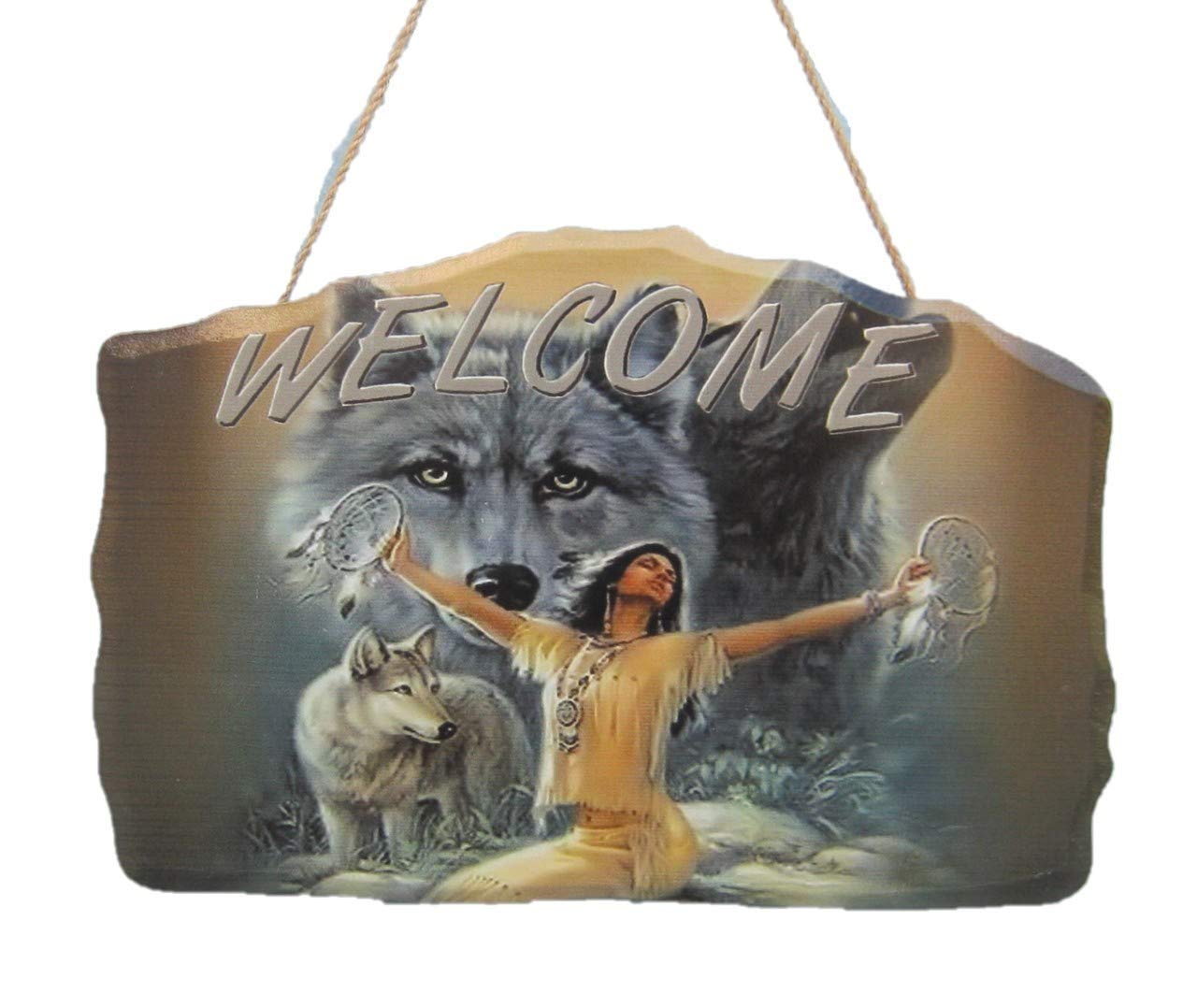 New 12" x 8" Welcome Beautiful Indian Girl Holding Dream Catchers with Wolf Background Hanging Door Sign