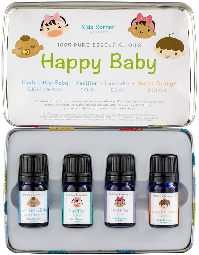 SpaRoom Happy Baby Essential Oil Gift Tin Set of 4, Lavender, Sweet Orange, Hush Little Baby and Pacifier Blend