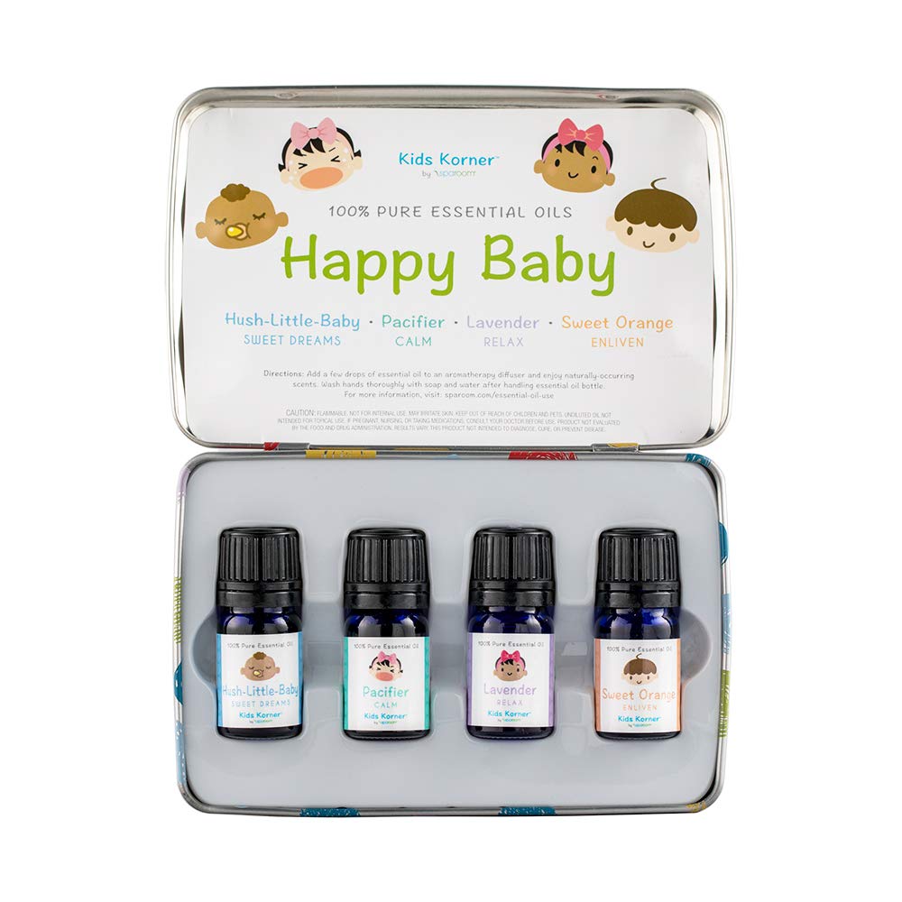 SpaRoom Happy Baby Essential Oil Gift Tin Set of 4, Lavender, Sweet Orange, Hush Little Baby and Pacifier Blend