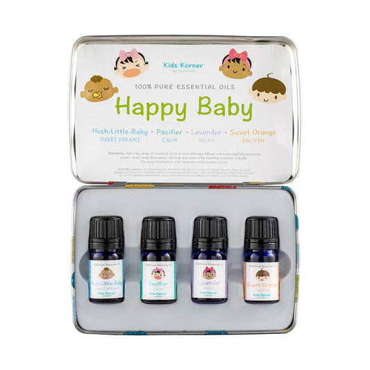 SpaRoom Happy Baby Essential Oil Gift Tin Set of 4, Lavender, Sweet Orange, Hush Little Baby and Pacifier Blend
