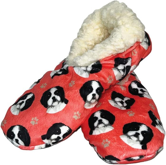 Shih Tzu Black and White Dog Lovers Slippers - Cozy Sherpa House Slippers for Women & Men - Indoor House Shoes - Pet Lover Gifts - Non Skid Bottom - 1 Size Fits Most - Unisex