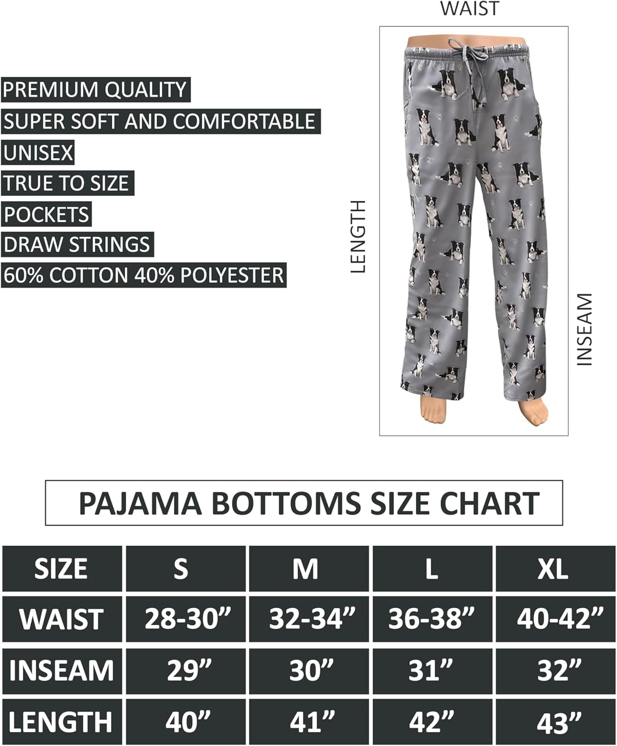 Border Collie Unisex Lightweight Cotton Blend Pajama Bottoms – Super Soft and Comfortable – Perfect for Border Collie Gifts