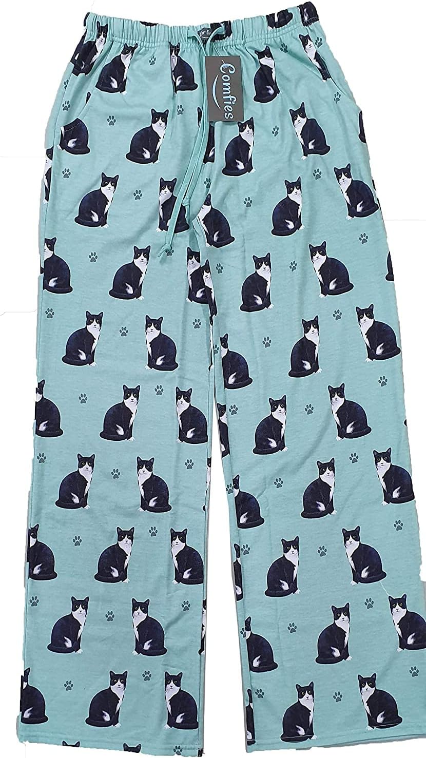 Black and White (Tuxedo) Unisex Cat Lounge Pants, Green Pajama Bottoms