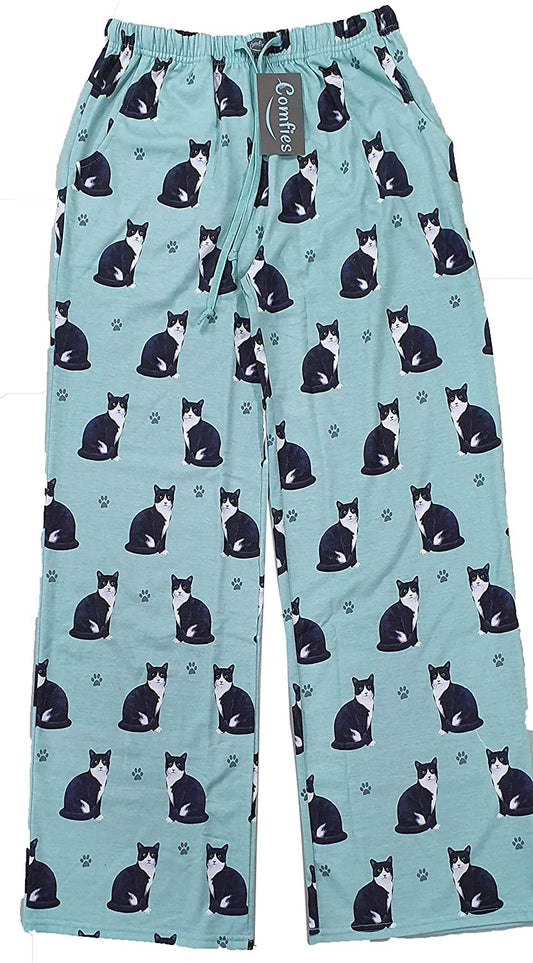 Black and White (Tuxedo) Unisex Cat Lounge Pants, Green Pajama Bottoms