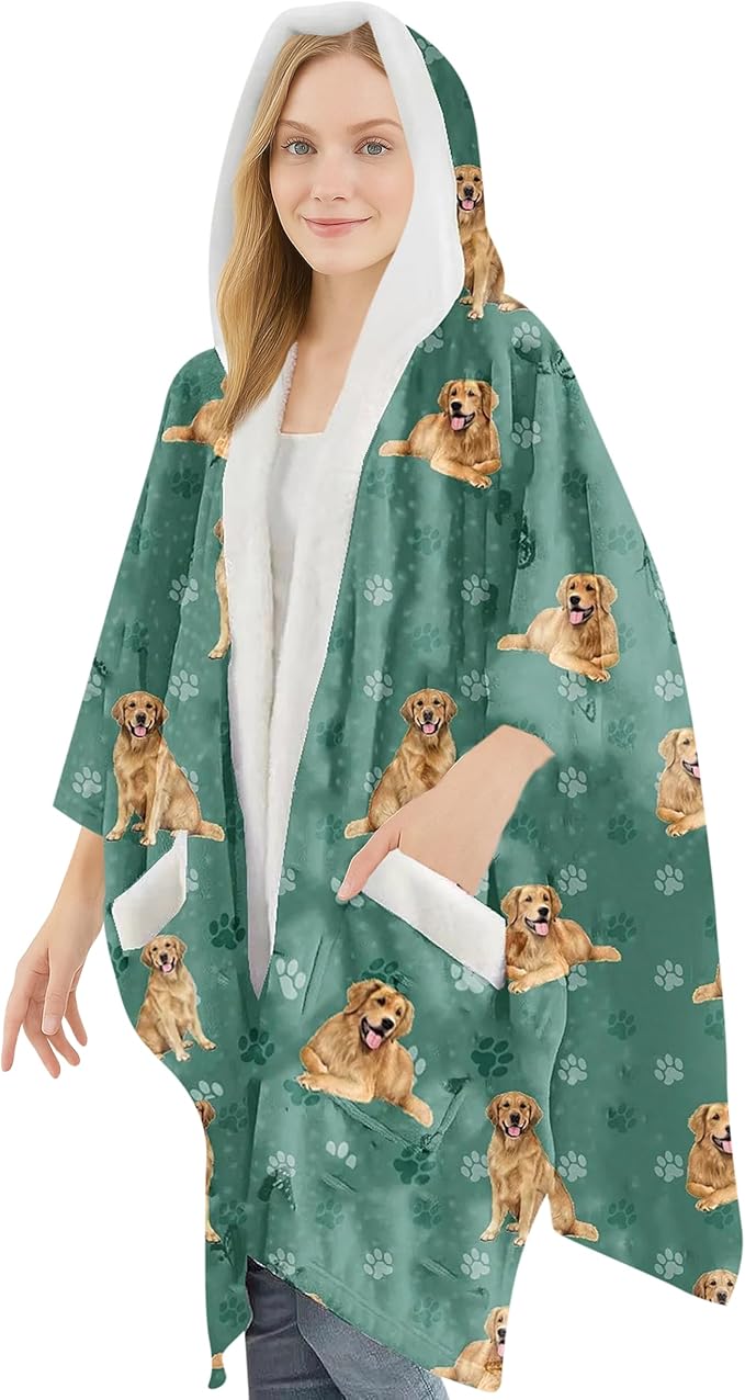 Golden Retriever Lovers Sherpa Wearable Blanket Hoodie for Women – Soft Fleece Snuggs Wrap –  Warm Pet Lover Gifts