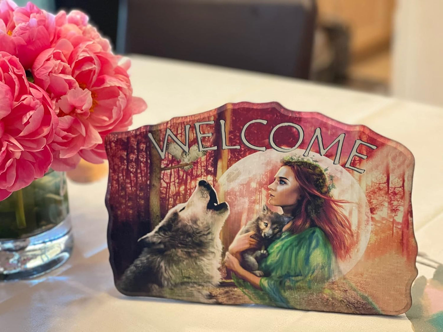 Welcome Wood Indian American Sign–Wood Sign Plaques for: Front Door/Porch/Home Interior/Wall/Room, Size of The Wood Plaque is 11.5" x 7.5",(Girl+Wolves) DC12145E