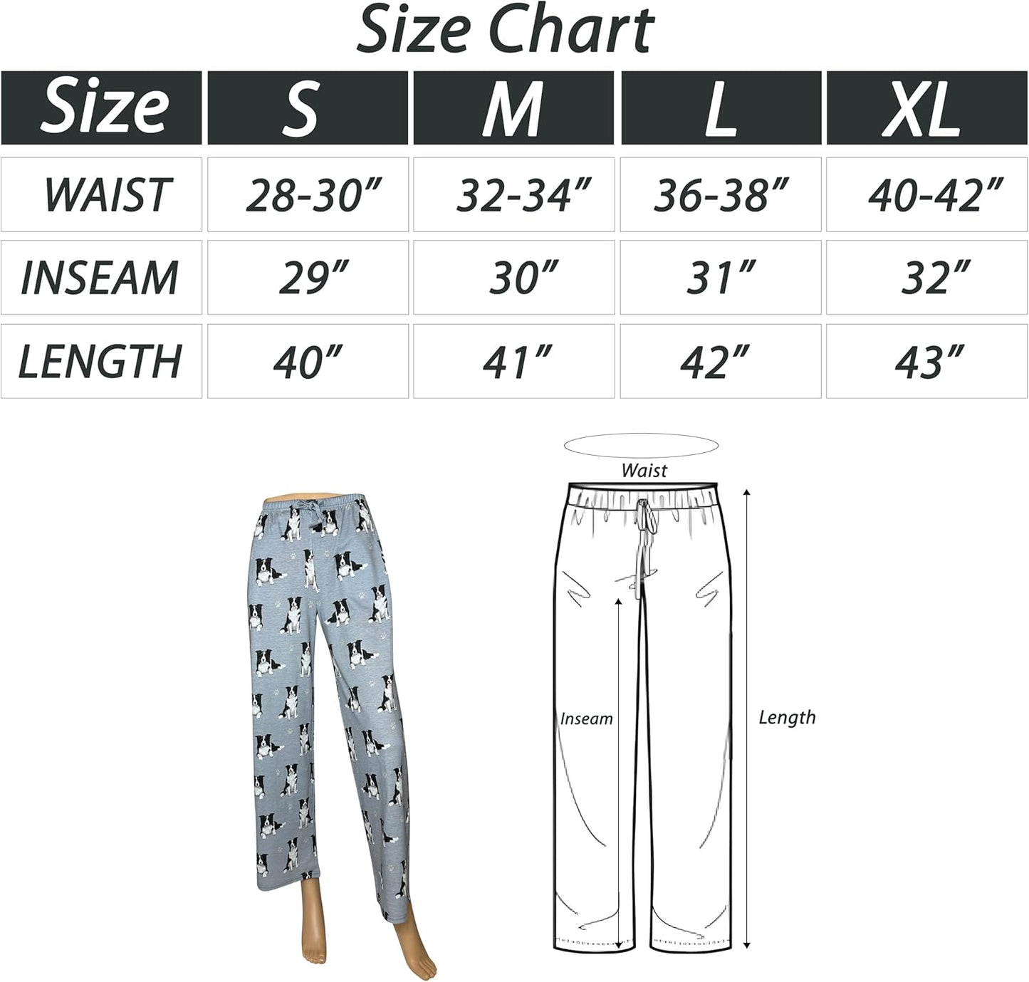Border Collie Pajama Pants – New Cotton Blend - All Season - Comfort Fit Lounge Pants for Women and Men - 27 Breeds Available