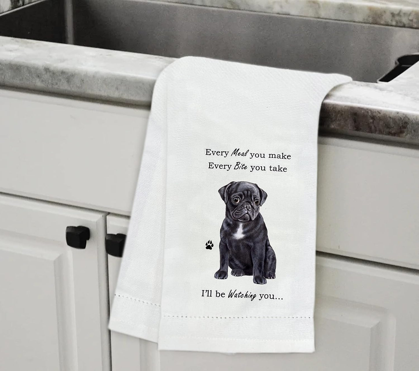 Black Pug Kitchen Towel - Soft Highly Absorbent - Black Pug Gifts - Dish&Tea Towels - Reusable - Quick Drying - 100% Natural Cotton