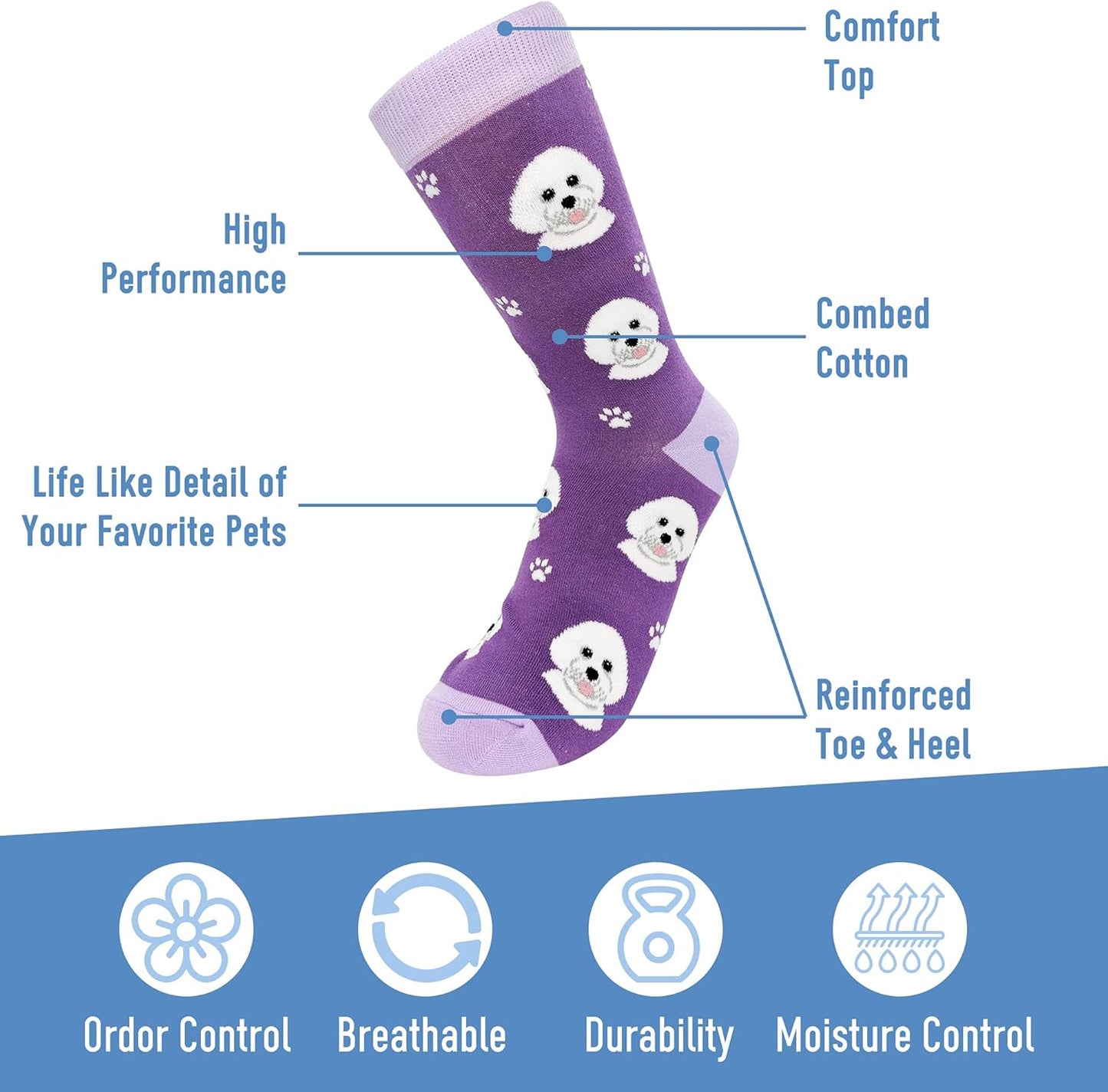 Bichon Frise Socks - Fun Unisex Socks - Crazy Pet Lover - Novelty Socks Funny Gifts for Dog Lovers - Cute Dog Pattern - Casual Crew Socks - One Size Fits most