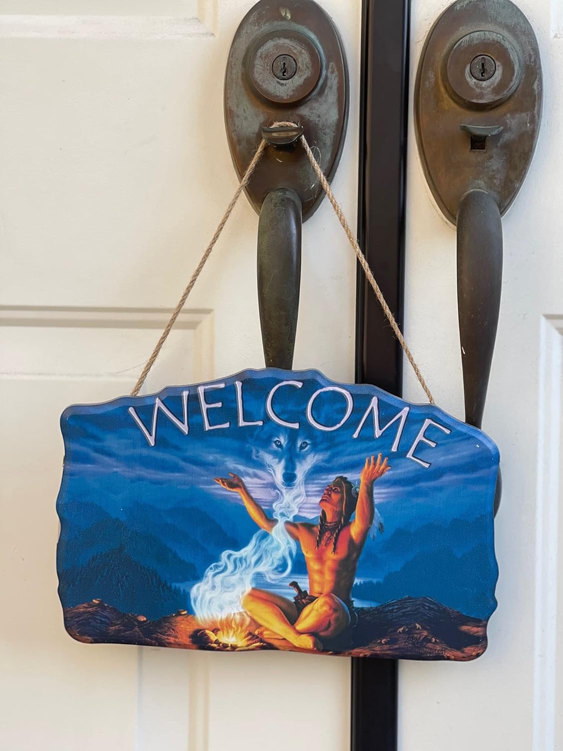 Welcome Wood Indian American Sign–Wood Sign Plaques for: Front Door/Porch/Home Interior/Wall/Room, Size of The Wood Plaque is 11.5" x 7.5",(Man+Fire)-DC12145D