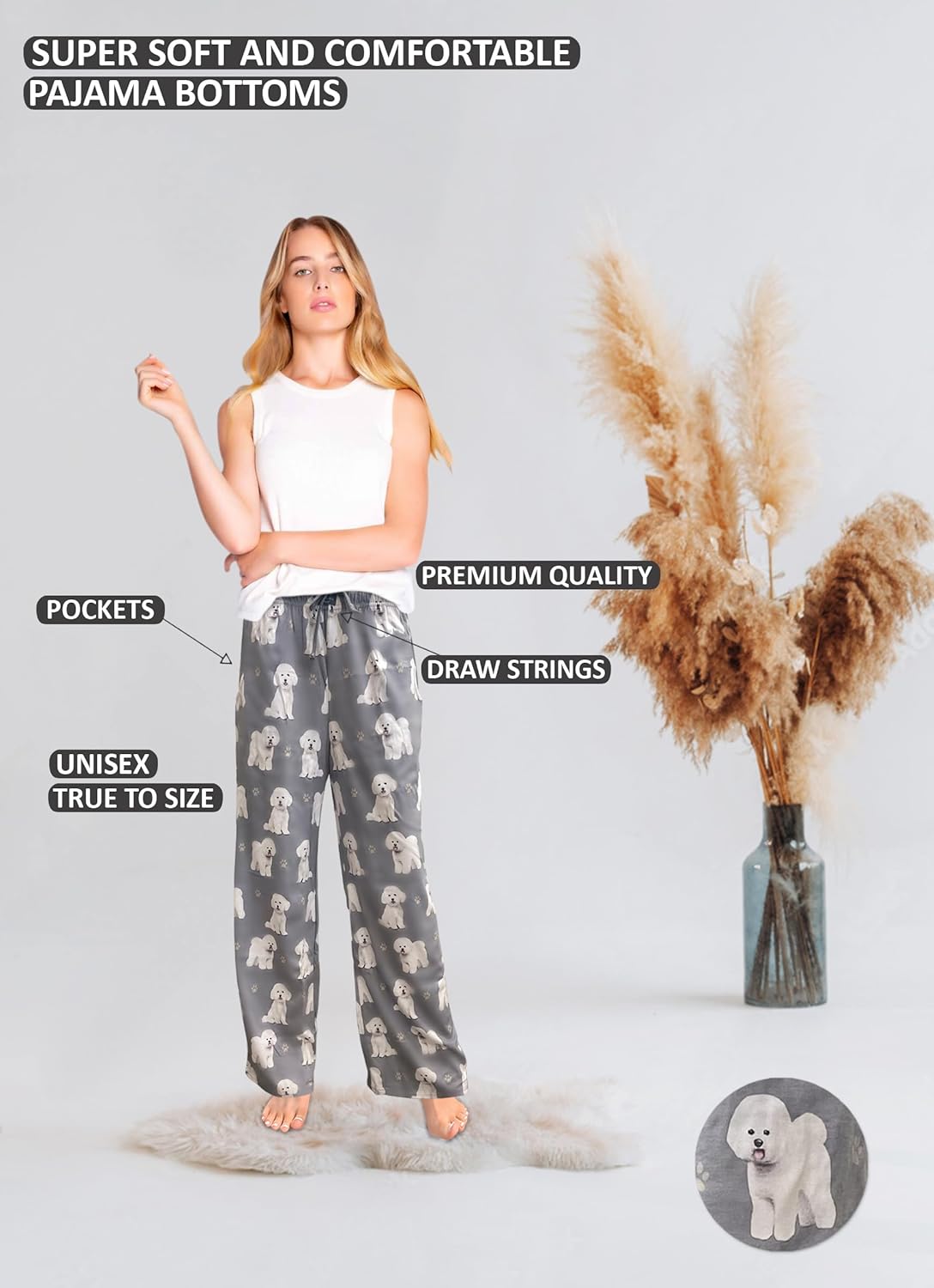 Bichon Frise Dog Lovers Unisex Lightweight Cotton Blend Pajama Bottoms – Super Soft and Comfortable