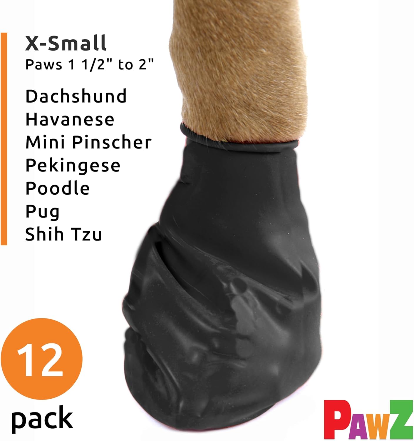 PawZ Rubber Dog Boots for Paws up to 2", 12 Pack - All-Weather Dog Booties for Hot Pavement, Snow, Mud, and Rain - Waterproof, Anti Slip Dog Socks - X-Small, Black