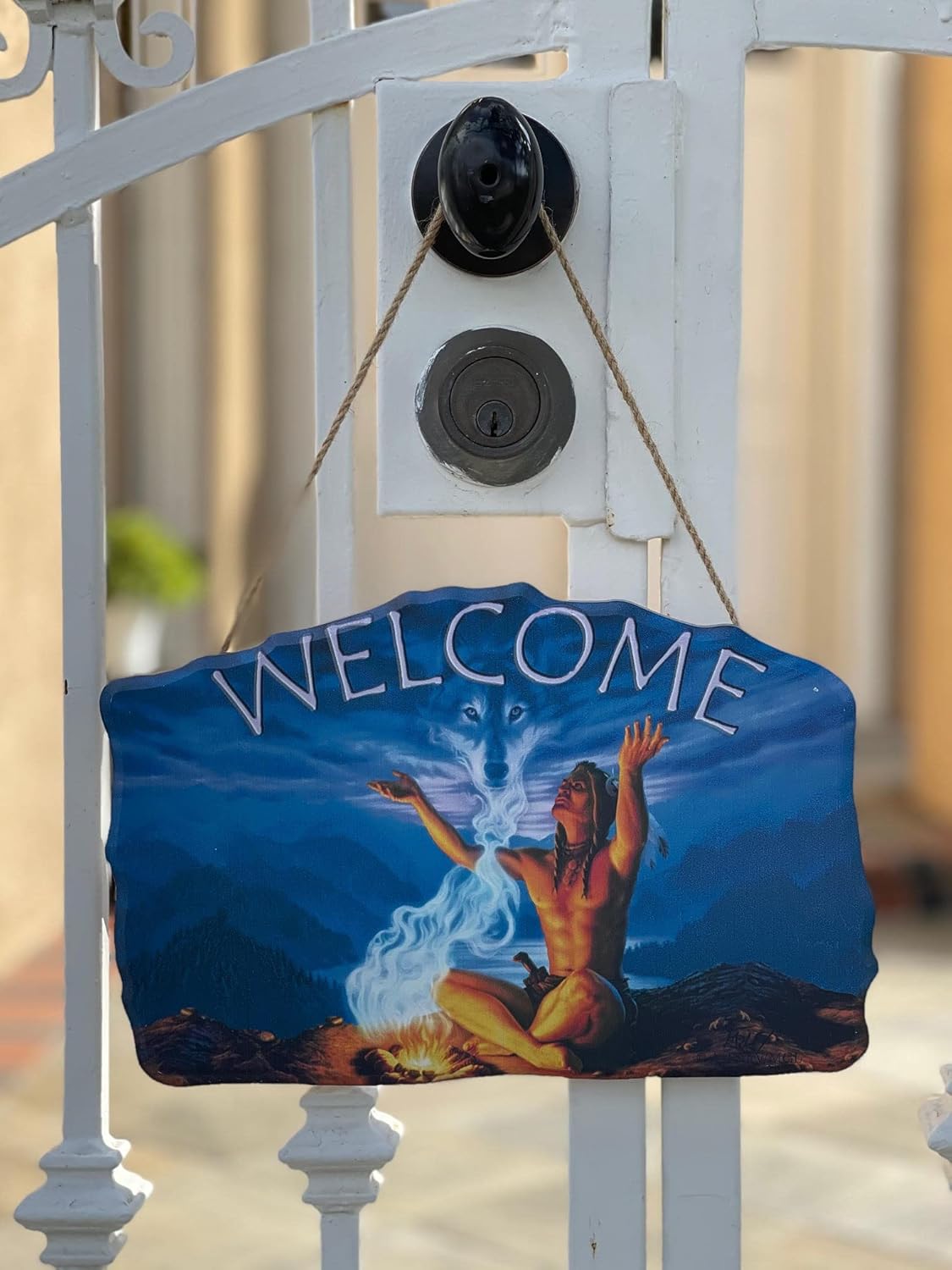 Welcome Wood Indian American Sign–Wood Sign Plaques for: Front Door/Porch/Home Interior/Wall/Room, Size of The Wood Plaque is 11.5" x 7.5",(Man+Fire)-DC12145D