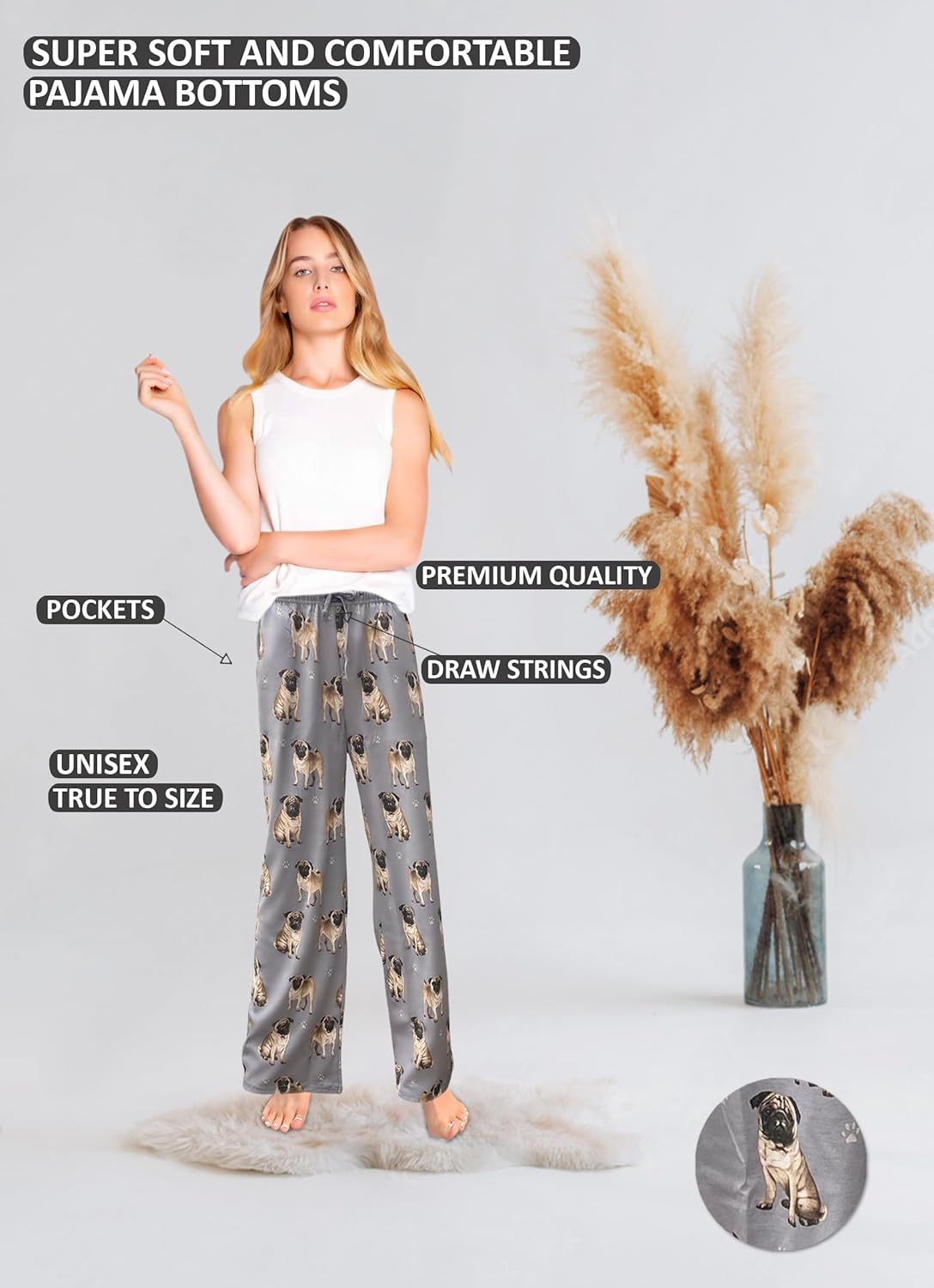 Pug Dog Lovers Unisex Lightweight Cotton Blend Pajama Bottoms – Soft and Comfortable