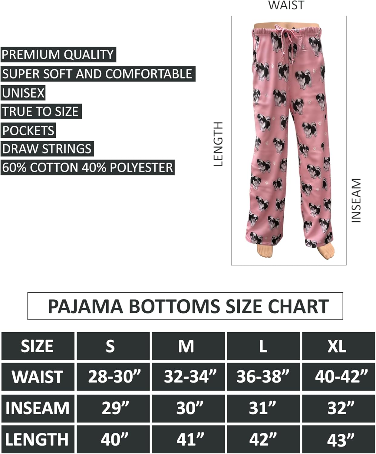 Shih Tzu Dog Lovers - Unisex Lightweight Cotton Blend Pajama Bottoms – Super Soft and Comfortable –