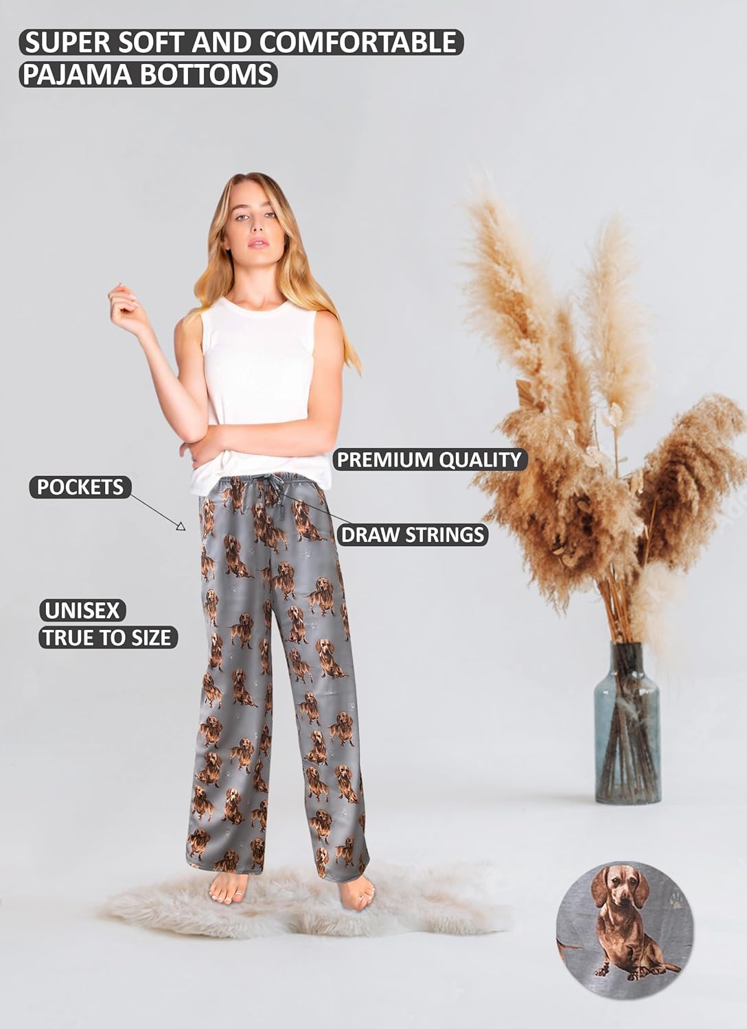 Dachshund Dog Lovers Unisex Lightweight Cotton Blend Pajama Bottoms – Super Soft and Comfortable – Perfect for Dachshund Gifts