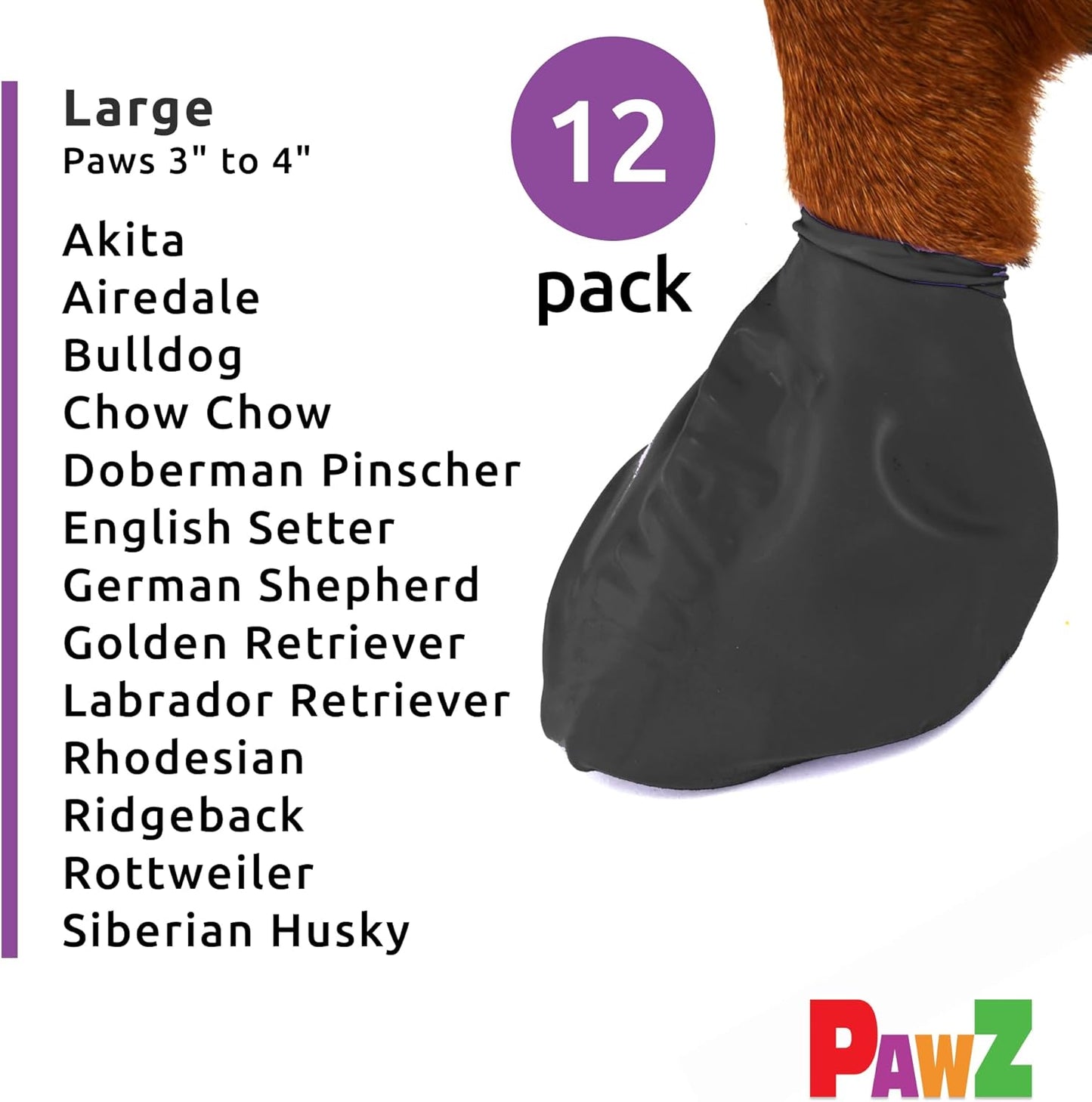 PawZ Rubber Dog Boots for Paws up to 4", 12 Pack - All-Weather Dog Booties for Hot Pavement, Snow, Mud, and Rain - Waterproof, Anti Slip Dog Socks - Large, Black