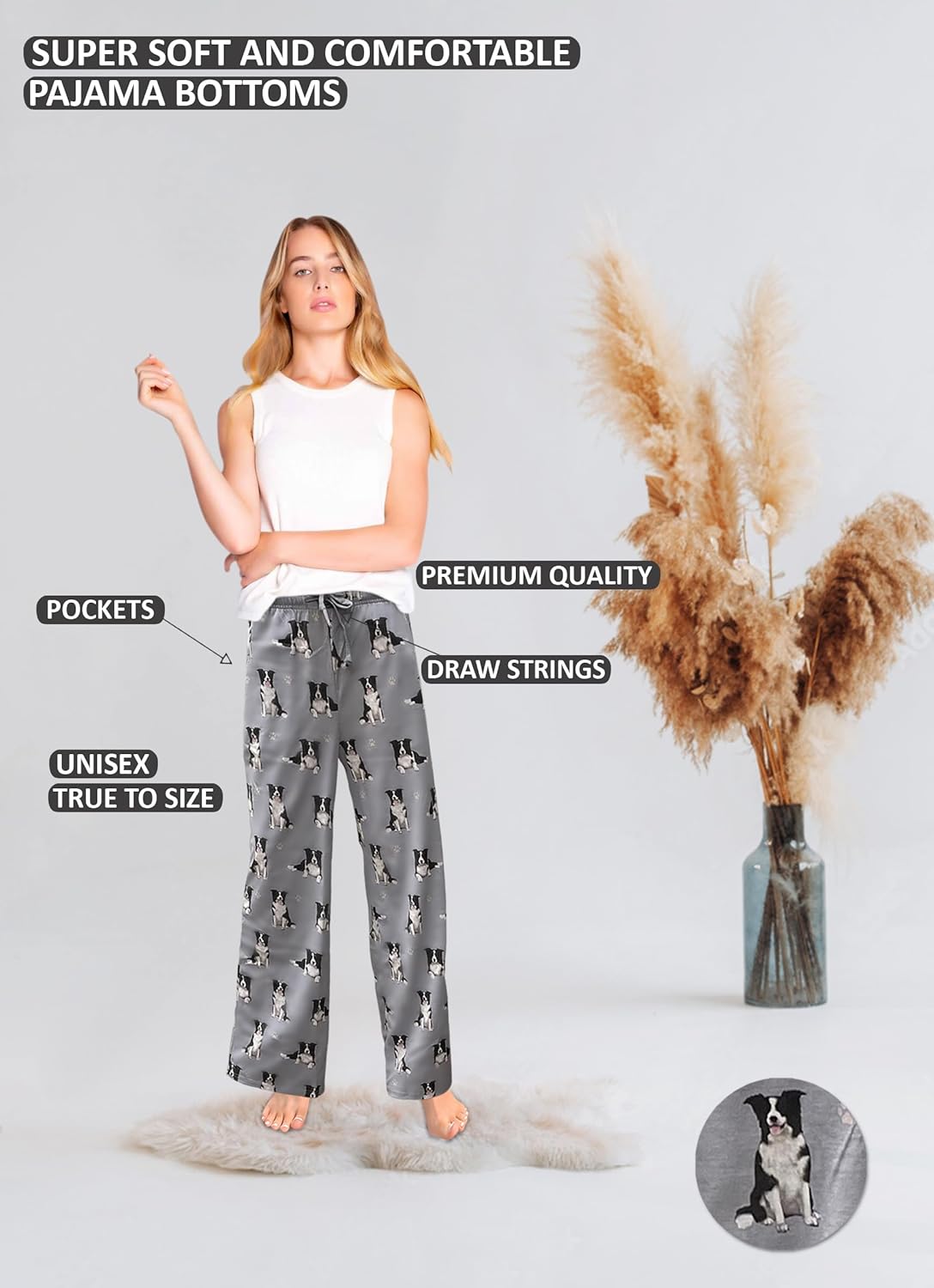 Border Collie Unisex Lightweight Cotton Blend Pajama Bottoms – Super Soft and Comfortable – Perfect for Border Collie Gifts