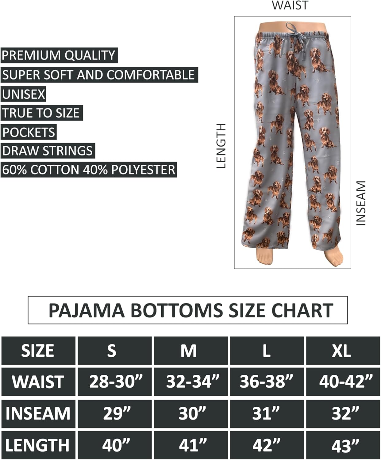 Dachshund Dog Lovers Unisex Lightweight Cotton Blend Pajama Bottoms – Super Soft and Comfortable – Perfect for Dachshund Gifts