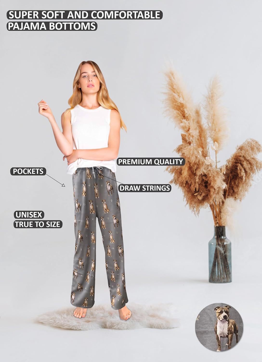 Pit Bull Unisex Lightweight Cotton Blend Pajama Bottoms – Super Soft and Comfortable – Perfect for Pit Bull Gifts