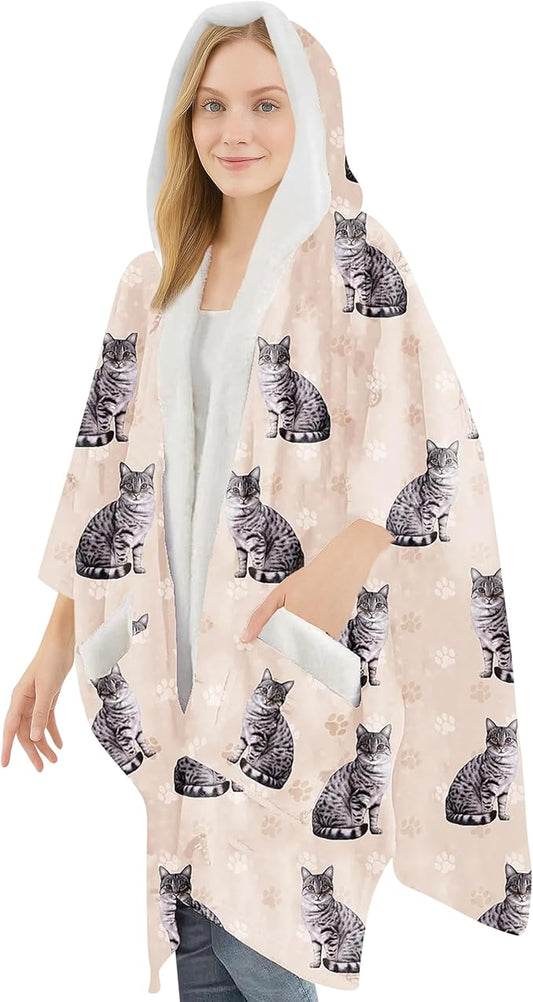 Tabby Silver Cat  Sherpa Wearable Blanket Hoodie for Women – Soft Fleece Snuggs Wrap