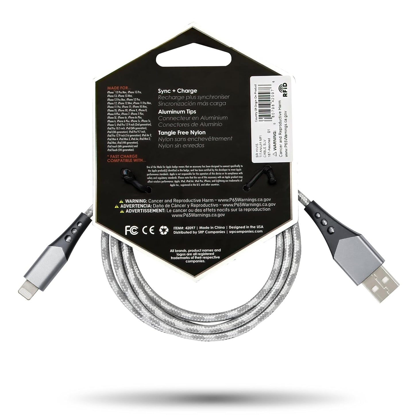 Titanium [Apple MFi Certified] 6FT Fast Charging Tangle Free Heavy Duty USB to Lightning Cable. Includes Sync+Charge & Aluminum Tips for Optimum Connectivity: HI-VIS Silver