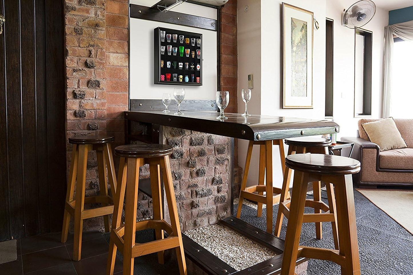 Gallery Solutions - 18x16 Shot Glass Collection - Display Case - Hinged Front - Shot Glass Collection - Cherry Walnut - 28 Shot Glasses - Bar, Home, Office Accessories - Organizer - Glass Rack