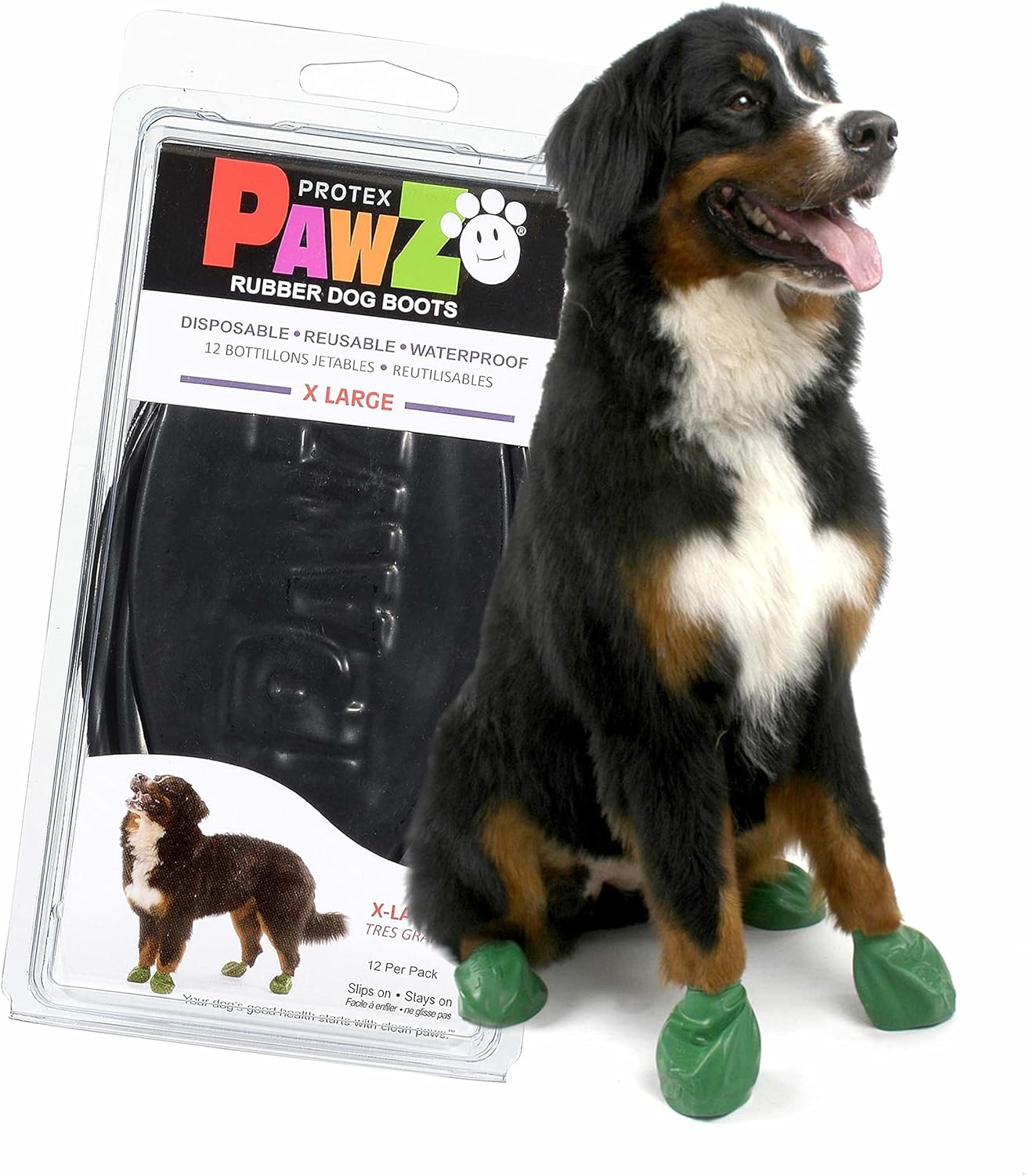 PawZ Rubber Dog Boots for Paws 4" and Up, 12 Pack - All-Weather Dog Booties for Hot Pavement, Snow, Mud, and Rain - Waterproof, Anti Slip Dog Socks - X-Large, Black