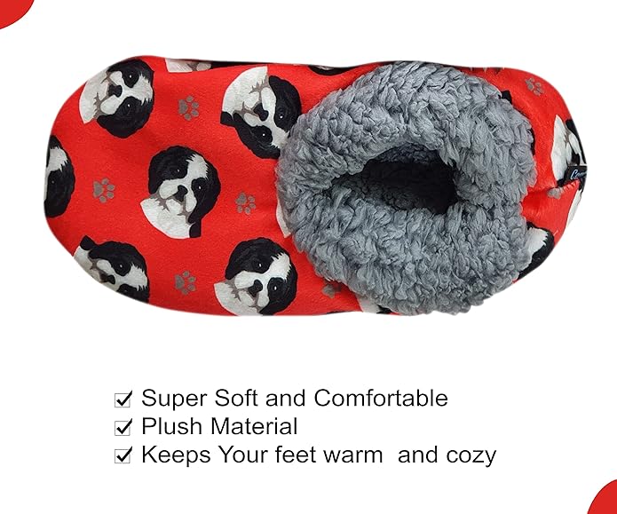 Shih Tzu Black and White Dog Lovers Slippers - Cozy Sherpa House Slippers for Women & Men - Indoor House Shoes - Pet Lover Gifts - Non Skid Bottom - 1 Size Fits Most - Unisex
