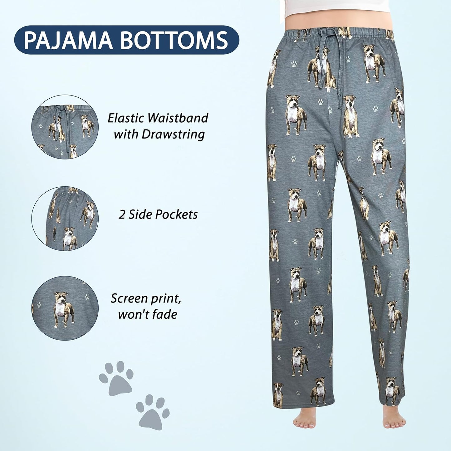 Pit Bull Pet Lover Pajama Pants – New Cotton Blend - All Season - Comfort Fit Lounge Pants for Women and Men