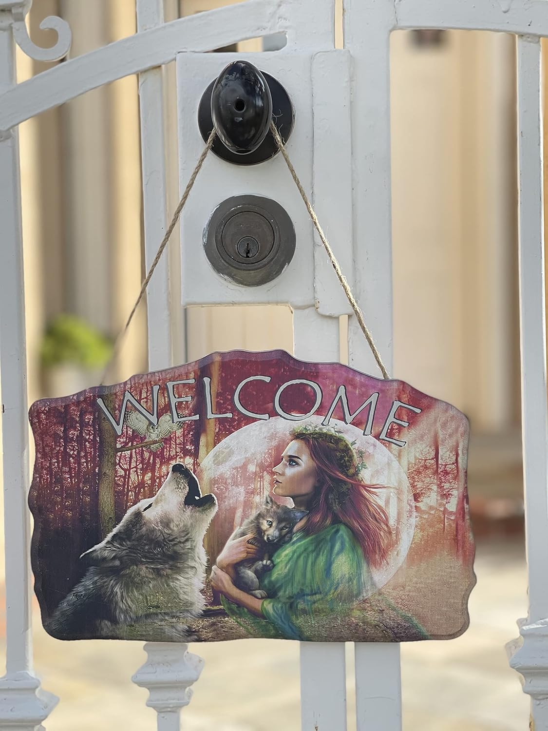 Welcome Wood Indian American Sign–Wood Sign Plaques for: Front Door/Porch/Home Interior/Wall/Room, Size of The Wood Plaque is 11.5" x 7.5",(Girl+Wolves) DC12145E
