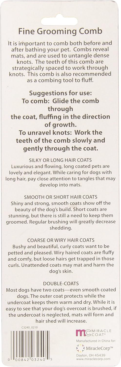 Miracle Care Coat Fine Grooming Comb, Black, 9"" l x 1.25"" w x 1.25"" h (3240)