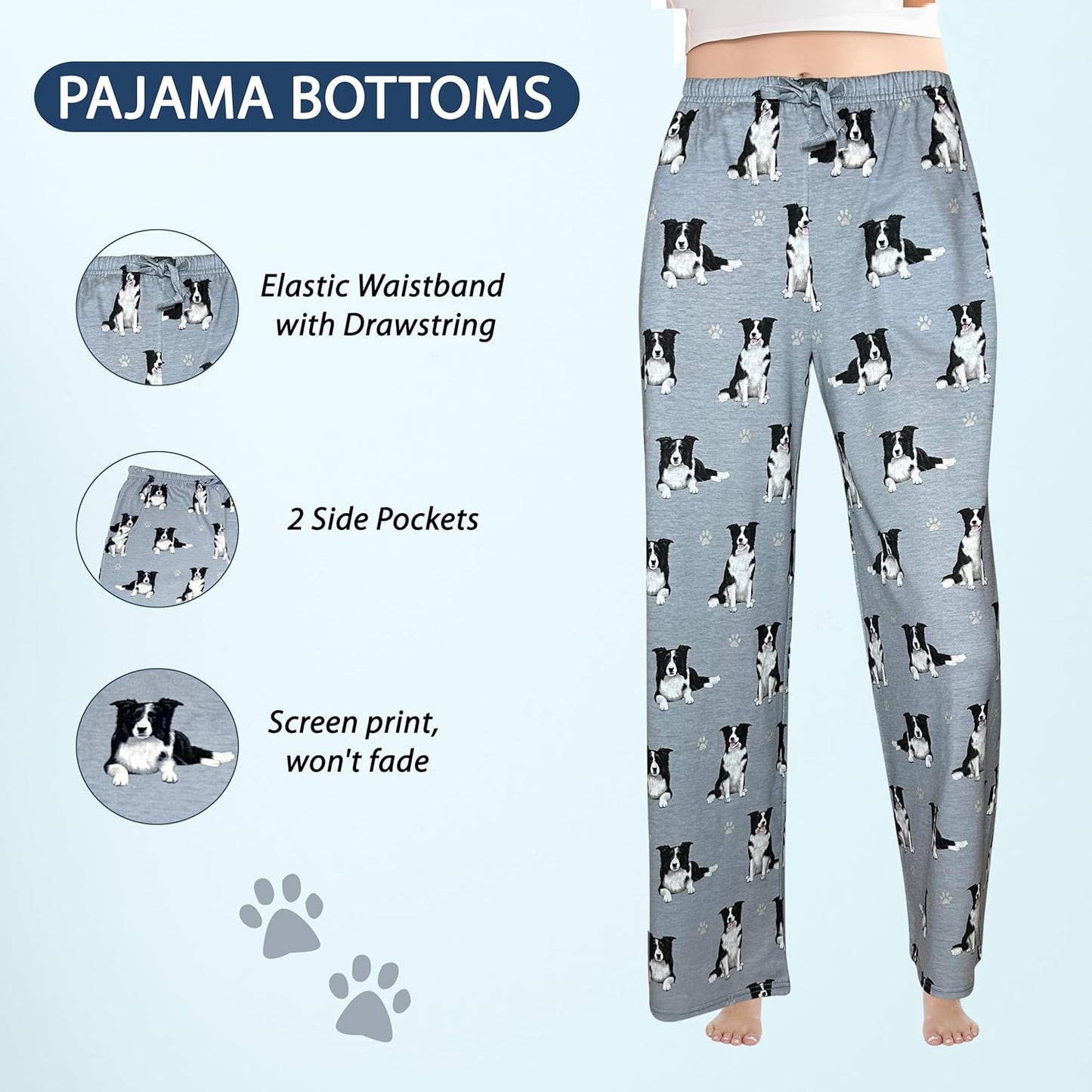 Border Collie Pajama Pants – New Cotton Blend - All Season - Comfort Fit Lounge Pants for Women and Men - 27 Breeds Available